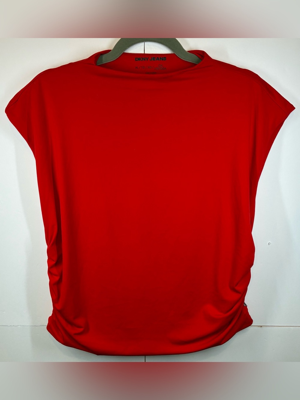 DKNY Jeans Red Boat Neck Ruched Side Fitted Stretch Top Women's Size XL